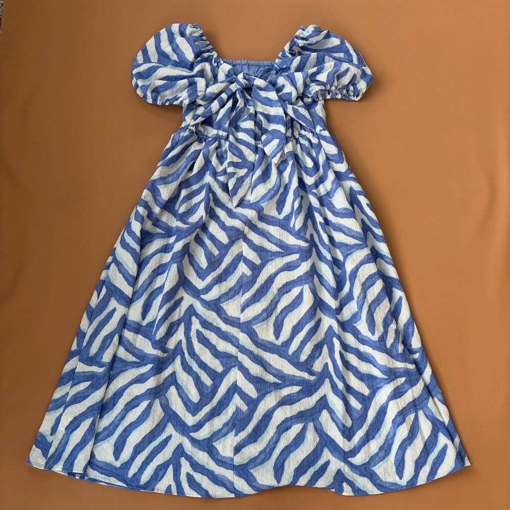 Womens Blue White Zebra Print Tie Back Midi Dress Size S Fairycore Party Preppy